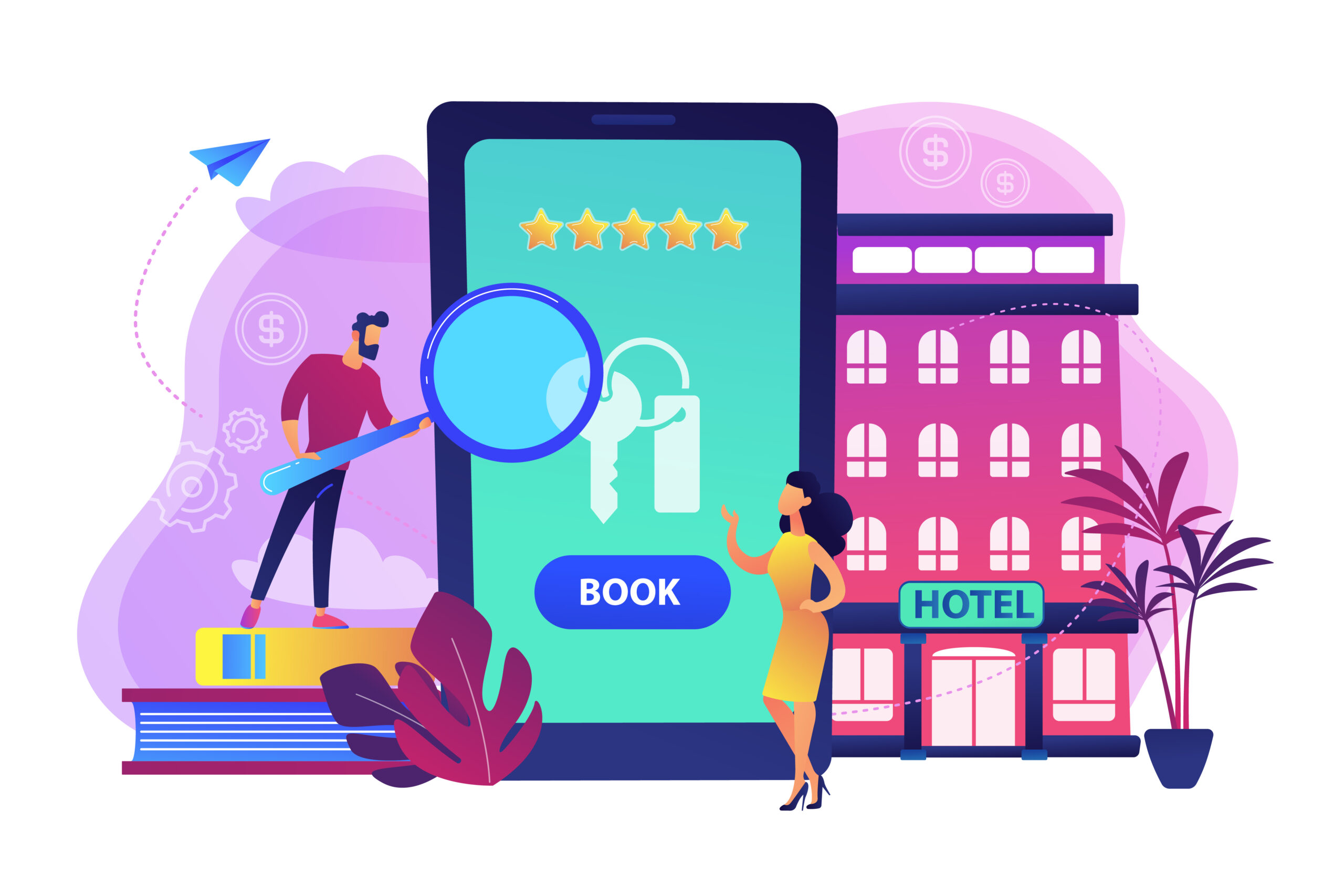 Booking accommodation mobile application. Website for ordering guestrooms, finding hostels location. Hotel room reservation concept. Bright vibrant violet vector isolated illustration
